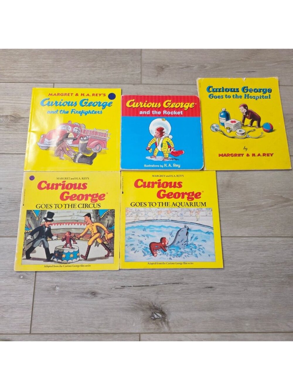 5 Vtg Curious George Kid Books Rocket Goes Circus Firefighters Aquarium Hospital